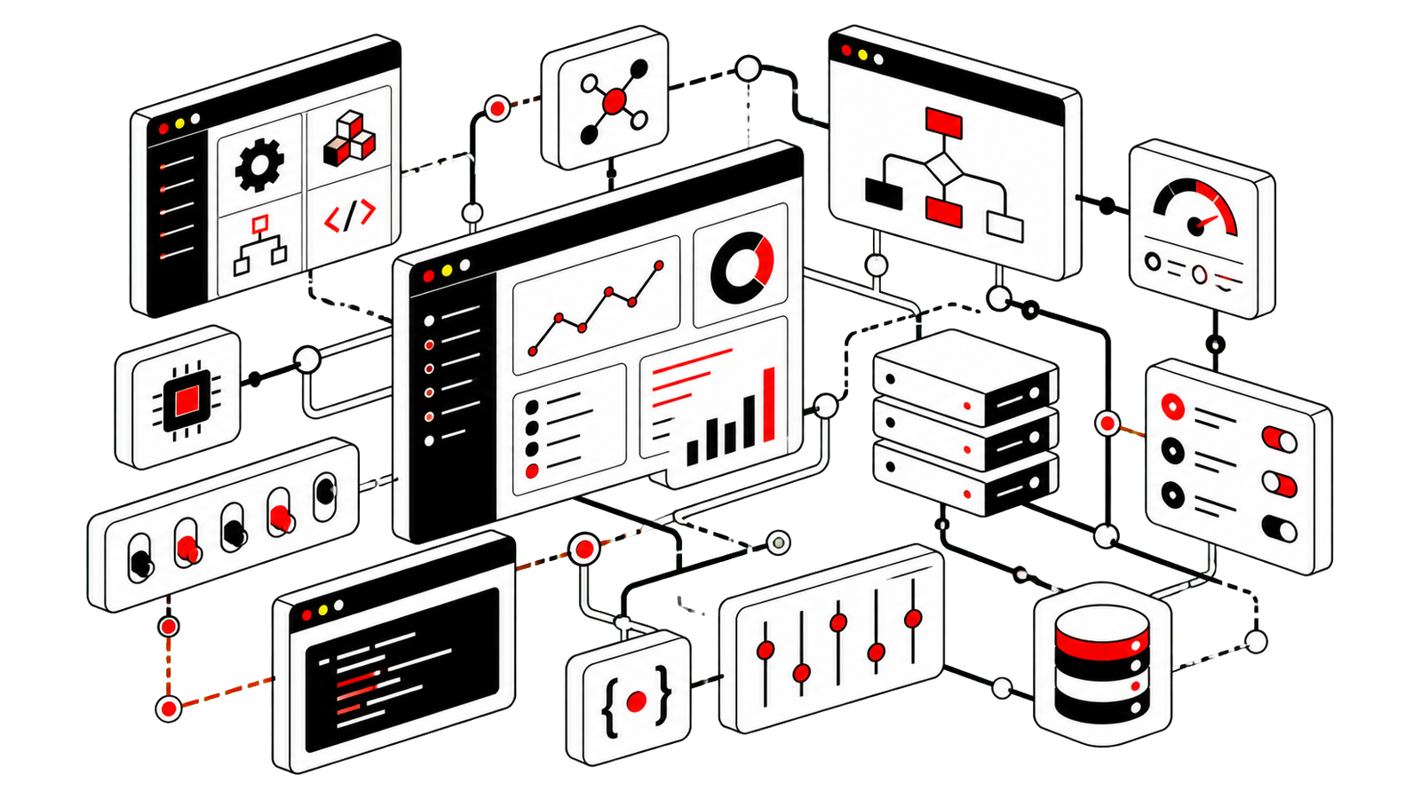 Illustration of Noob{Dev}'s service pillars: websites, lead generation, and automation